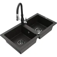 Mexen Mario granieten gootsteen 2-kamer met keukenkraan Savita, zwart/goud metallic - 6504-75-672601-70-B