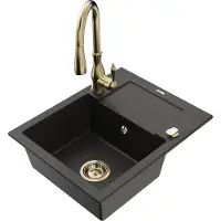 Mexen Enzo granieten gootsteen met 1 bak, afdruiprek en keukenkraan Savita, zwart/goud metallic - 6506-75-672601-50
