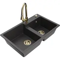 Mexen Tomas granieten spoelbak 2-kamer met keukenkraan Elia, zwart gespikkeld - 6516-76-670101-50