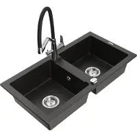 Mexen Mario granieten spoelbak 2-komoren met keukenkraan Duo, zwart/gouden metallic - 6504-75-671701-07