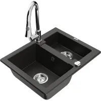 Mexen Carlos granieten spoelbak 1,5-komerig met keukenkraan Elia, zwart/goud metallic - 6518-75-670101-00