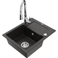 Mexen Enzo granieten spoelbak met 1 bak en afdruiprek en keukenmengkraan Savita, zwart/goud metallic - 6506-75-672601-00