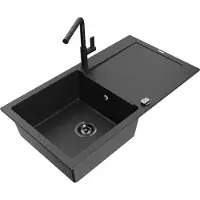 Mexen Leo granieten gootsteen 1-kamer met afdruiprek en keukenkraan Flora, zwart/zilver metallic - 6501-73-670401-70-B
