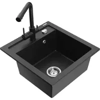 Mexen Vito granieten gootsteen met 1 bak met Duero keukenkraan, zwart/zilver metallic - 6503-73-671600-70