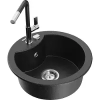 Mexen Diego granieten gootsteen 1-kamer met keukenmengkraan Flora, zwart/zilver metallic - 6512-73-670401-07