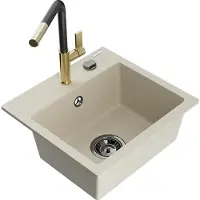 Mexen Milo granieten spoelbak 1-komor met keukenkraan Flora, beige - 6505-69-670401-57-B