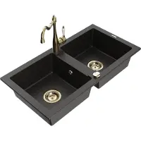 Mexen Mario granieten dubbele spoelbak met keukenmengkraan Carla, zwart/goud metallic - 6504-75-670700-50