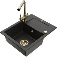 Mexen Enzo granieten gootsteen 1-komoers met afdruiprek en keukenkraan Duero, zwart/gouden metallic - 6506-75-671600-50