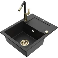 Mexen Enzo granieten spoelbak met 1 bak, afdruiprek en keukenkraan Flora, zwart/zilver metallic - 6506-73-670401-57-G