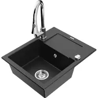 Mexen Enzo granieten spoelbak met 1 bak en afdruiprek en keukenmengkraan Elia, zwart/zilver metallic - 6506-73-670101-00