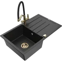 Mexen Bruno granieten gootsteen 1-komorige met afdruiprek en keukenkraan Duo, zwart/zilver metallic - 6513-73-671701-57-G