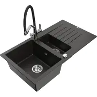 Mexen Matias 1,5-komorige granieten spoelbak met afdruipplaat en keukenkraan Duo, zwart/goud metallic - 6502-75-671701-07
