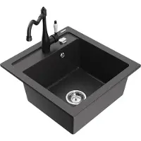 Mexen Vito granieten spoelbak 1-komer met keukenmengkraan Carla, zwart gespikkeld - 6503-76-670700-70