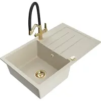 Mexen Bruno granieten gootsteen 1-koer met afdruiprek en keukenkraan Duo, beige - 6513-69-671701-57-G