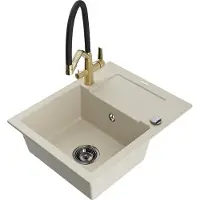 Mexen Enzo granieten spoelbak met 1 bak met afdruiprek en keukenkraan Duo, beige - 6506-69-671701-57-B