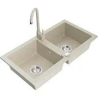 Mexen Mario granieten gootsteen met 2 kamers en keukenmengkraan Telma, beige - 6504-69-670200-69