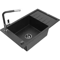 Mexen Elias granieten gootsteen 1-komparty met afdruiprek en keukenkraan Flora, zwart/zilver metallic - 6511-73-670401-07-B