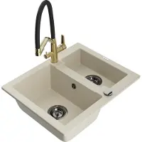Mexen Carlos granieten gootsteen 1,5-kamer met keukenmengkraan Duo, beige - 6518-69-671701-57-B