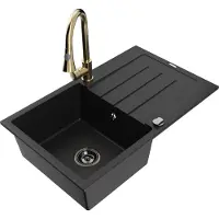 Mexen Bruno granieten spoelbak 1-kamer met afdruiprek en keukenmengkraan Elia, zwart - 6513-77-670101-50-B