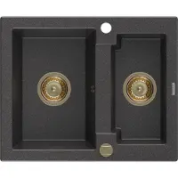 Mexen Carlos granieten gootsteen 1,5-komor 582 x 475 , zwart gespikkeld, gouden sifon - 6518581500-76-G