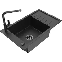 Mexen Elias granieten gootsteen 1-kamer met afdruiprek en keukenkraan Flora, zwart/zilver metallic - 6511-73-670401-70-B
