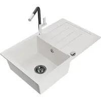 Mexen Bruno granieten spoelbak 1-kompartment met afdruiprek en keukenkraan Flora, wit - 6513-20-670401-07-B