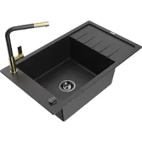 Mexen Elias granitische gootsteen met 1 bak, afdruiprek en keukenkraan Flora, zwart/zilver metallic - 6511-73-670401-57-B