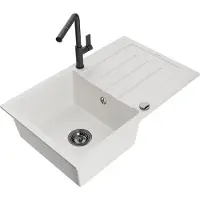 Mexen Bruno granieten spoelbak 1-kompartment met afdruiprek en keukenkraan Flora, wit - 6513-20-670401-70-B