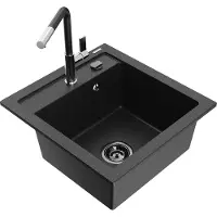Mexen Vito granieten spoelbak met 1 kom en keukenmengkraan Flora, zwart/zilver metallic - 6503-73-670401-07-B