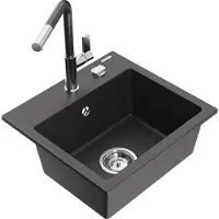 Mexen Milo granieten spoelbak met 1 bak met Flora keukenmengkraan, zwart/goud metallic - 6505-76-670401-08