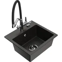 Mexen Milo granieten spoelbak 1-komerig met keukenmengkraan Duo, zwart/gouden metallic - 6505-75-671701-07-B