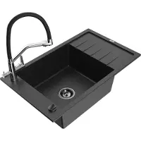 Mexen Elias granieten spoelbak 1-kamer met afdruiprek en keukenkraan Duo, zwart/zilver metallic - 6511-73-671701-07-B