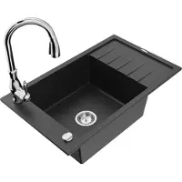 Mexen Elias granieten spoelbak 1-komerig met afdruipplaat en keukenkraan Savita, zwart/zilver metallic- 6511-73-672601-00