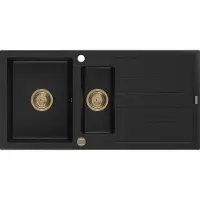 Mexen Andres granieten spoelbak 1,5-komerig met afdruiprek 1000 x 500 zwart, gouden sifon - 6515101510-77-G