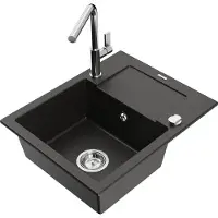 Mexen Enzo granieten gootsteen 1-komor met afdruiprek en keukenkraan Flora, zwart/goud metallic - 6506-75-670401-00
