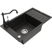 Mexen Elias granieten spoelbak 1-komor met afdruiprek en keukenkraan Carla, zwart/goud metallic - 6511-75-670700-70
