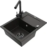 Mexen Enzo granieten spoelbak met 1 bak, afdruiprek en Duero keukenkraan, zwart/goud metallic - 6506-75-671600-70-B