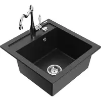 Mexen Vito granieten gootsteen 1-komerig met keukenkraan Carla, zwart/zilver metallic - 6503-73-670700-00