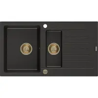 Mexen Matias granieten spoelbak met 1,5 bak en afdruiprek 900 x 505 , zwart/goud metallic, gouden sifon - 6502901505-75-G