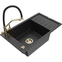 Mexen Elias granieten gootsteen, 1-kamerig met afdruiprek en keukenkraan Duo, zwart/zilver metallic - 6511-73-671701-57-G