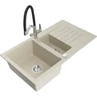 Mexen Matias granieten spoelbak 1,5-kamer met afdruiprek en keukenmengkraan Duo, beige - 6502-69-671701-07