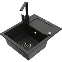 Mexen Enzo granieten gootsteen 1-komerig met afdruiprek en keukenkraan Rita, zwart/goud metallic - 6506-75-670300-70-B