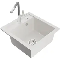 Mexen Vito granieten gootsteen met 1 bak en keukenkraan Flora, wit - 6503-20-670401-06