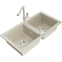 Mexen Mario granieten gootsteen met 2 kamers en keukenkraan Flora, beige - 6504-69-670401-09