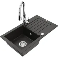 Mexen Pablo granieten gootsteen 1-komorige met afdruiprek en keukenkraan Savita, zwart/goud metallic - 6510-75-672601-00