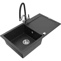 Mexen Leo granieten spoelbak 1-komor met afdruiprek en Duo keukenkraan, zwart/zilver metallic - 6501-73-671701-07
