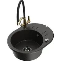 Mexen Kevin granieten spoelbak met 1 bak en Duo keukenkraan, zwart/goud metallic - 6517-75-671701-57-B