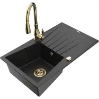 Mexen Cesar granieten gootsteen met 1 bak met afdruiprek en keukenkraan Savita, zwart/zilver metallic - 6514-73-672601-50