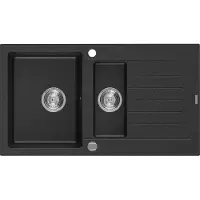 Mexen Matias granieten gootsteen 1,5-komor met druiprek 900 x 505 , zwart/zilvere metallic, sifon chroom - 6502901505-73