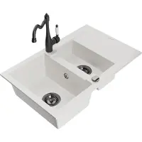 Mexen Gaspar granieten spoelbak 1,5-kamers met afdruiprek en keukenkraan Carla, wit - 6507-20-670700-70